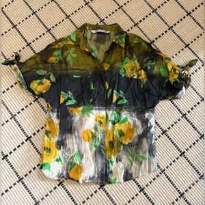 Zara Olive Sheer Blouse with Black, Yellow & Green Floral Accents Size Small
